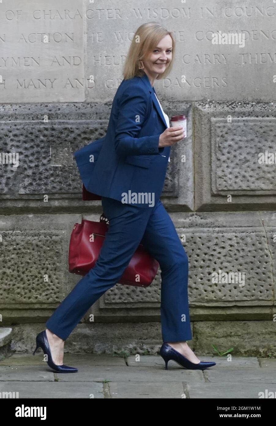 Liz Truss, the new Foreign Secretary, leaving the Foreign Office in Westminster, London, after Prime Minister Boris Johnson reshuffled his Cabinet. Picture date: Thursday September 16, 2021. Stock Photo