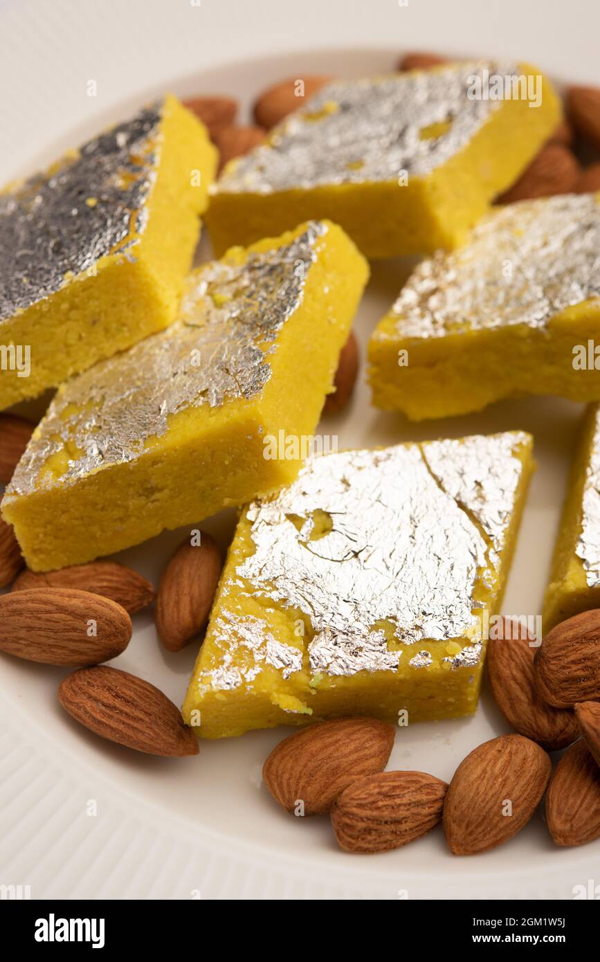Indian Sweet Food Badam Katli or Barfi Also Known As Almond Sweet burfi or Mithai, barfee Stock Photo