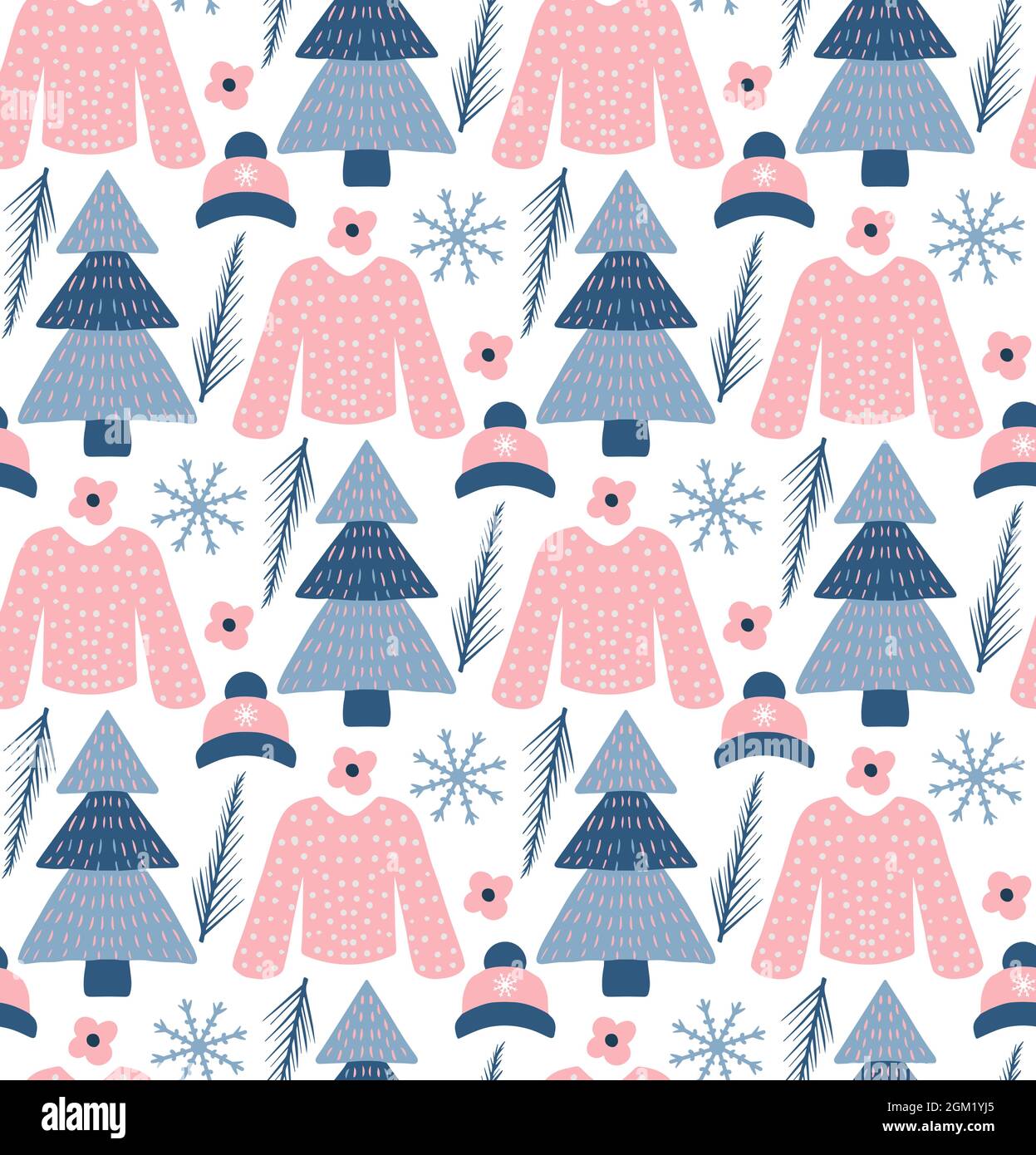 Winter boho seamless pattern in hipster style. Christmas tree repeating texture, background. Vector illustration Stock Vector