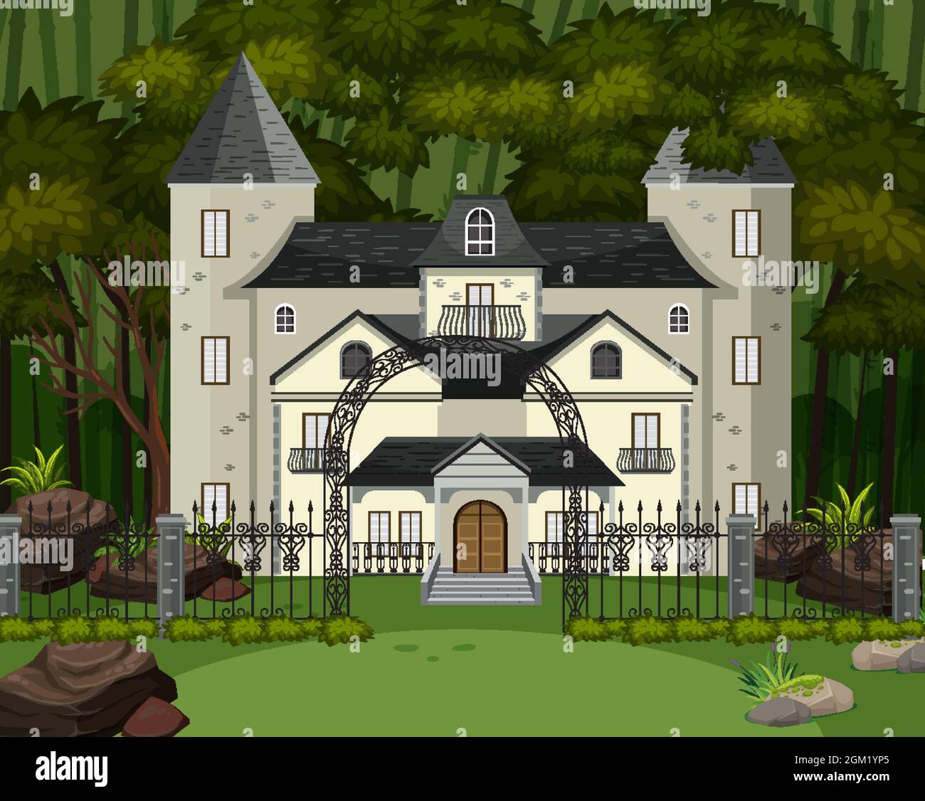 Scene with halloween haunted mansion at night illustration Stock Vector ...
