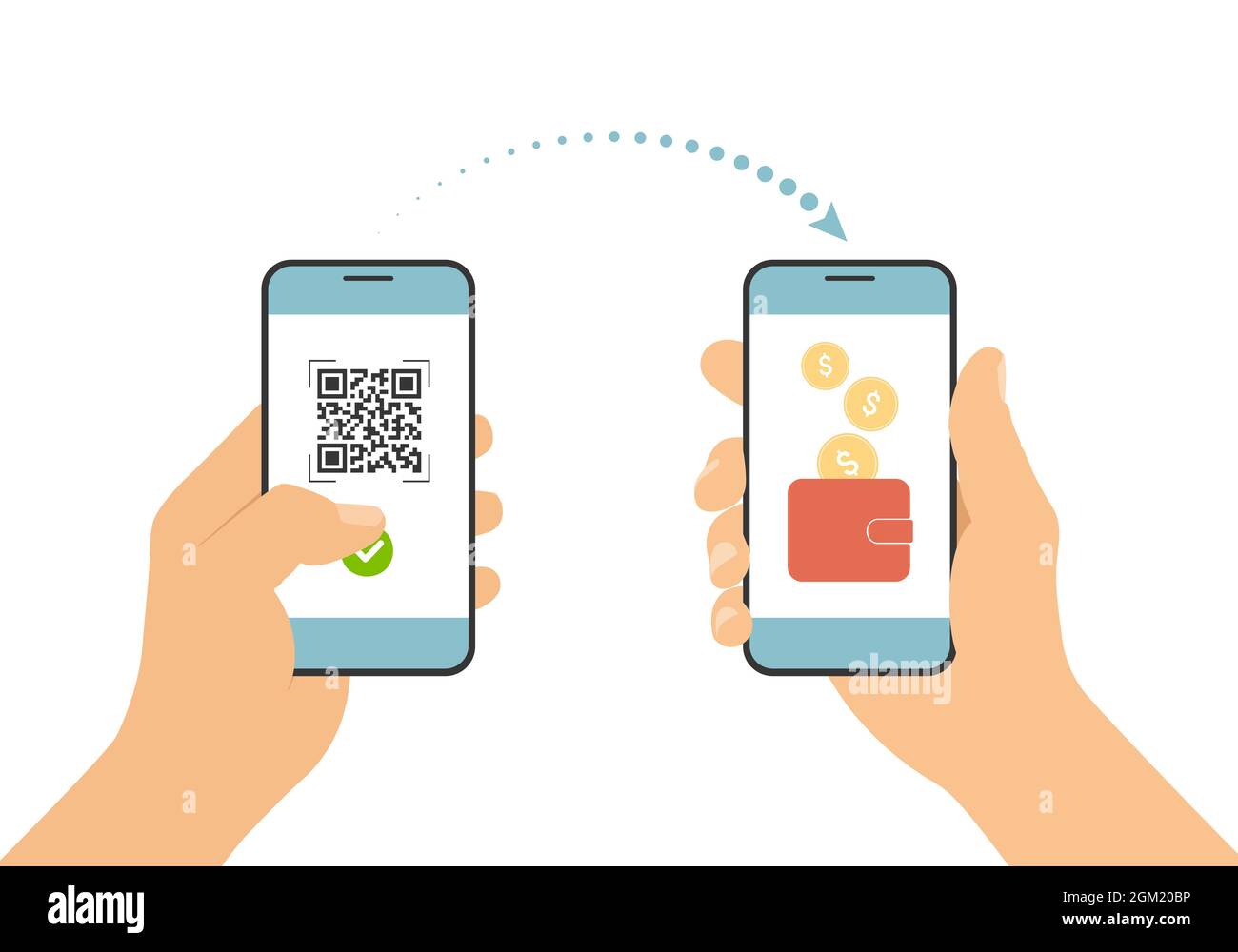 Flat design illustration of hand holding mobile phone. Scan QR code and pay online payment by smartphone to a bank account or wallet - vector Stock Vector