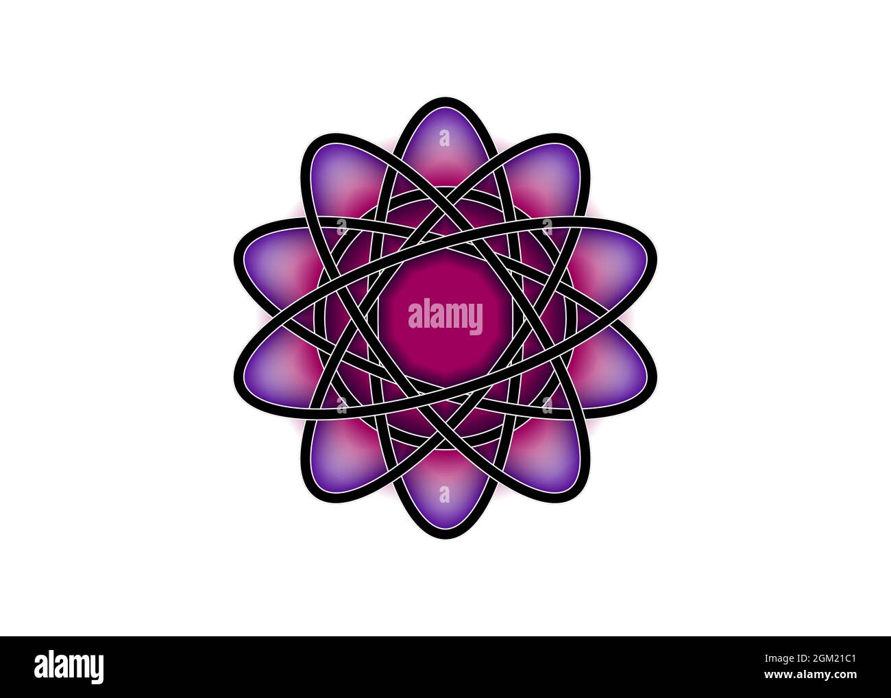Pictograph of atom. Purple logo template in Celtic knot style on white background. Tribal symbol in circular mandala form Tattoo sign ornament element Stock Vector