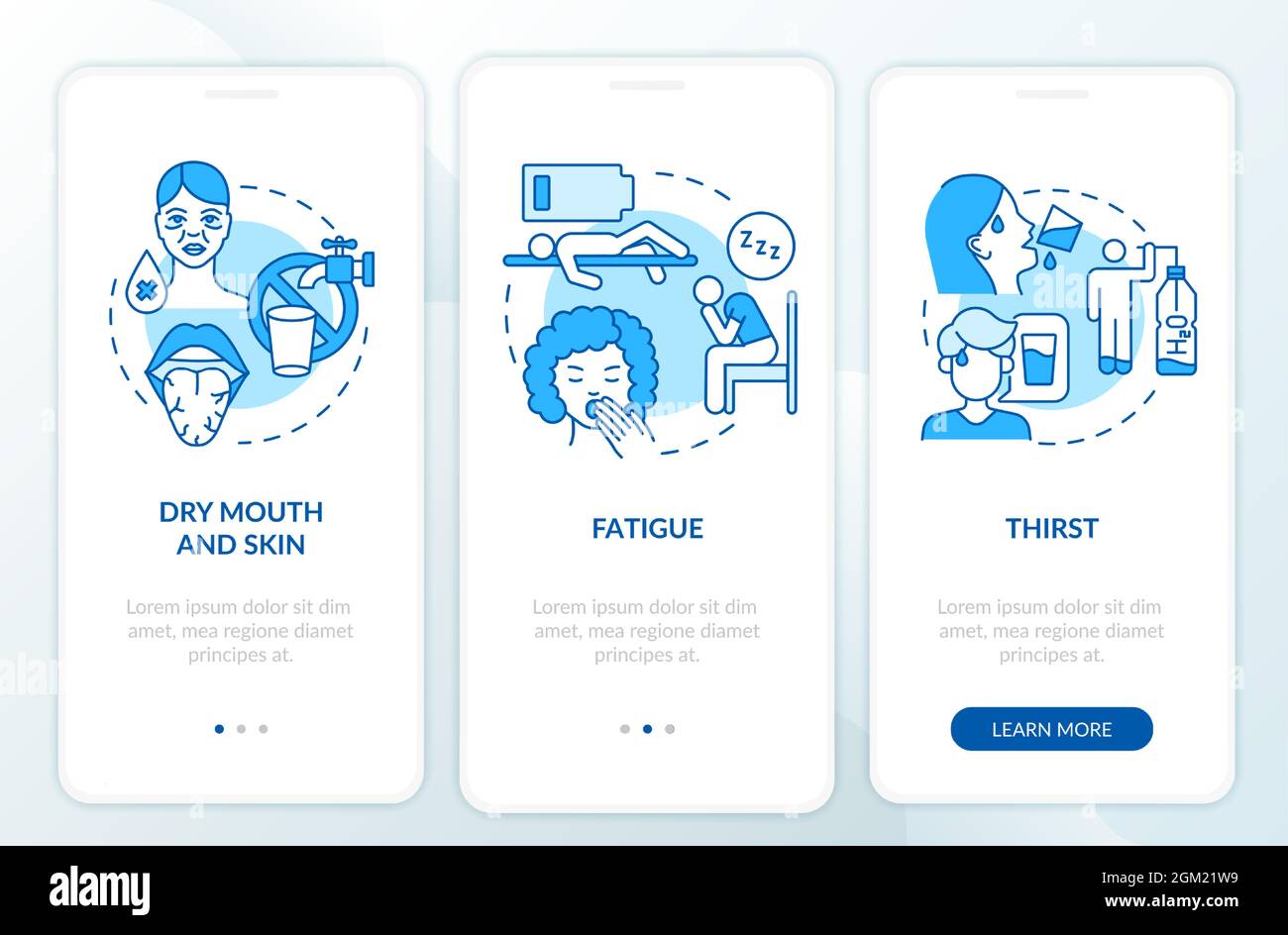 Dehydration symptoms blue onboarding mobile app page screen Stock Vector