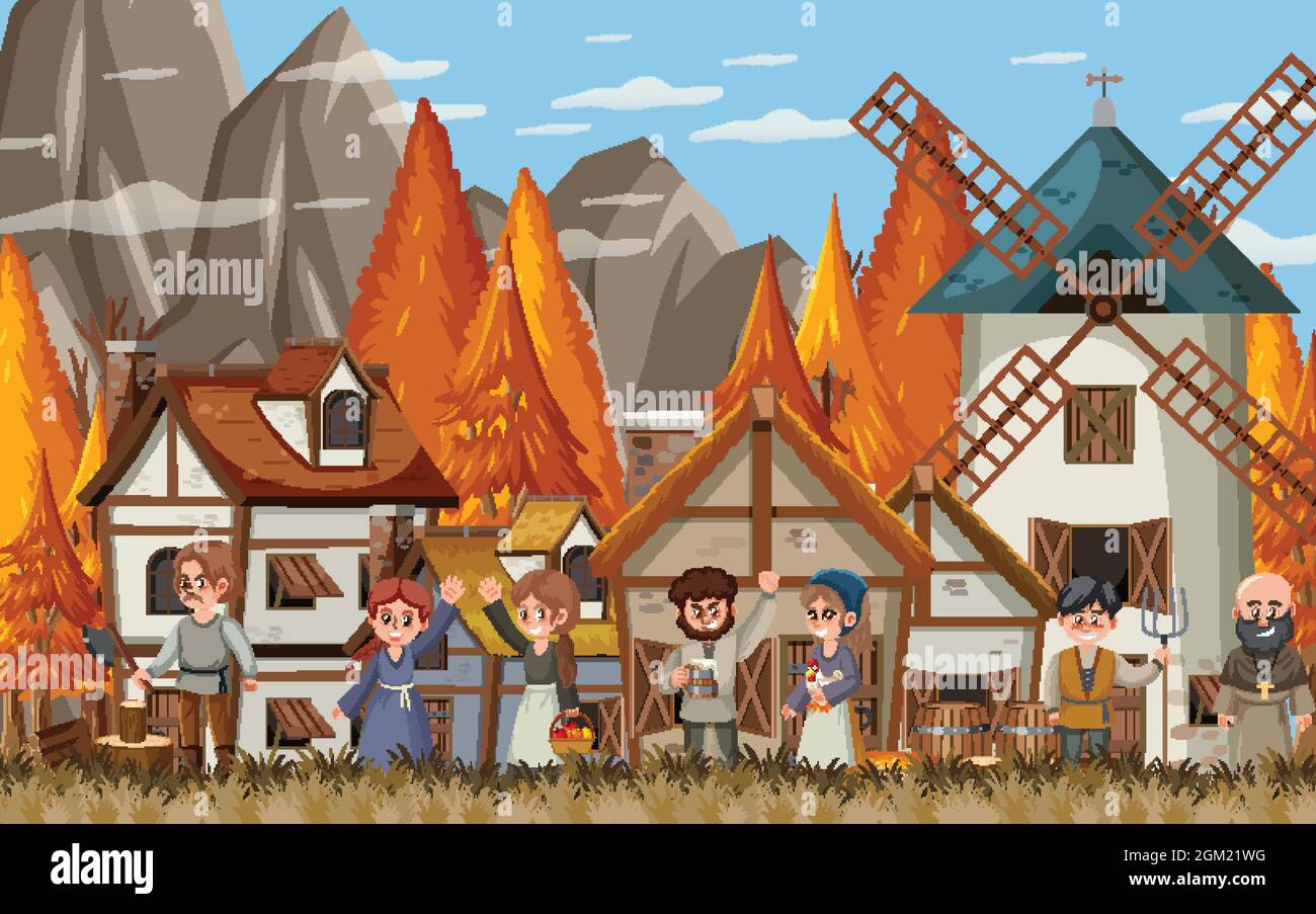 Medieval town scene with villagers illustration Stock Vector Image ...