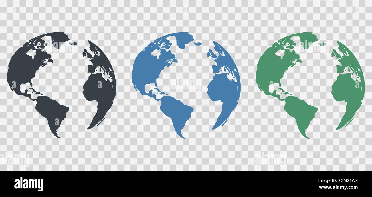 Earth globe icon set. Earth hemispheres with different continents. World map vector isolated on transparent background. Stock Vector