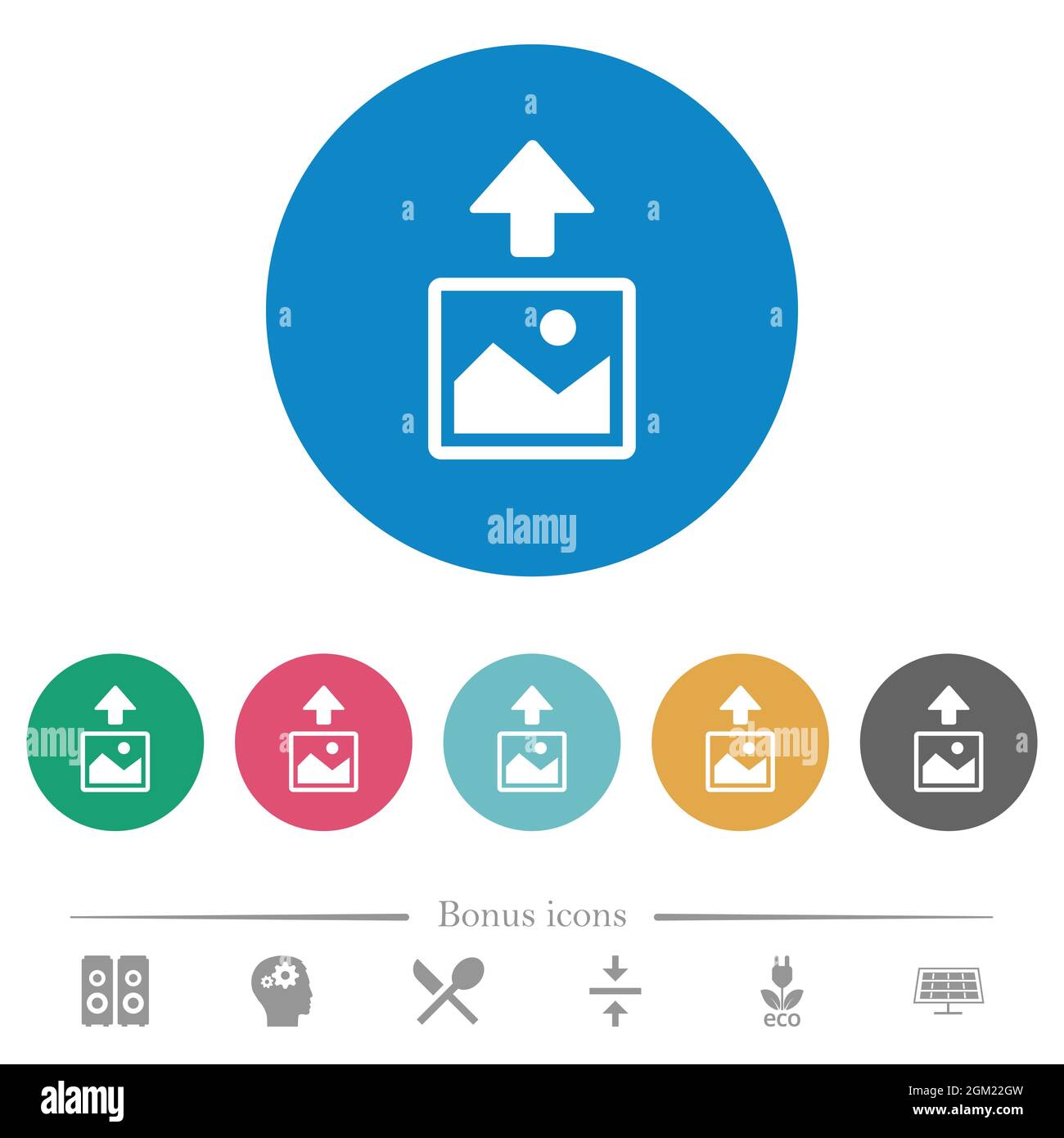 Upload image flat white icons on round color backgrounds. 6 bonus icons ...