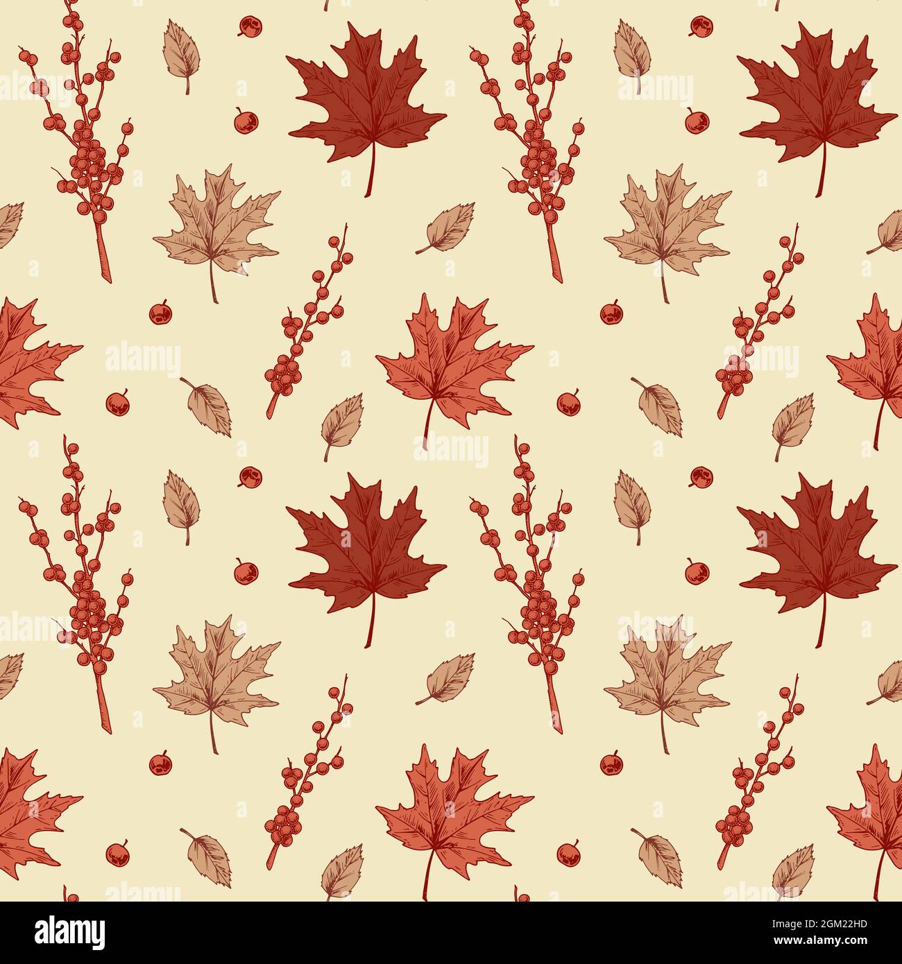Colorful autumn seamless pattern with maple leaves and berries. Hand drawn vector illustration Stock Vector