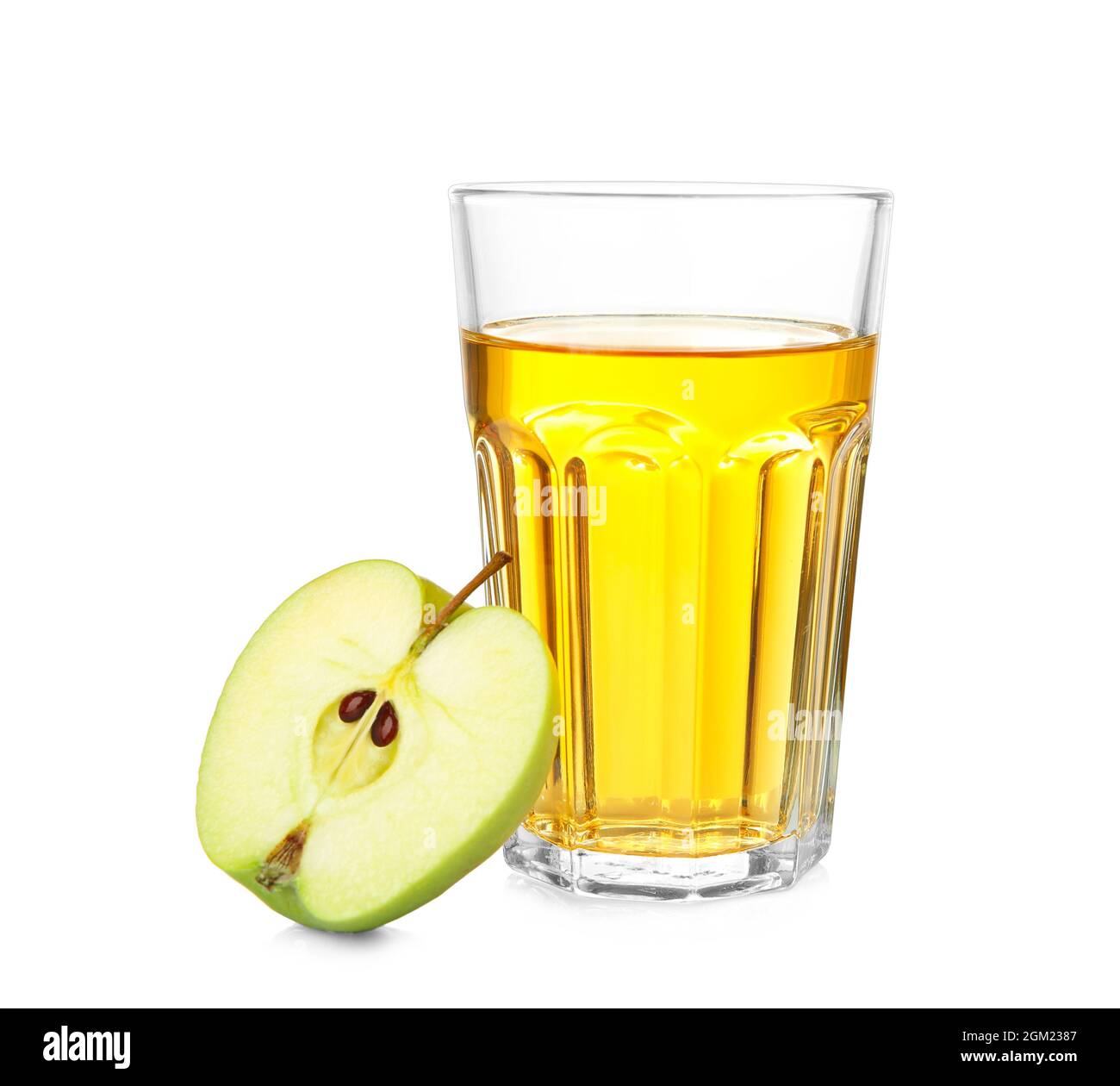 Glass with fresh apple juice on white background Stock Photo Alamy