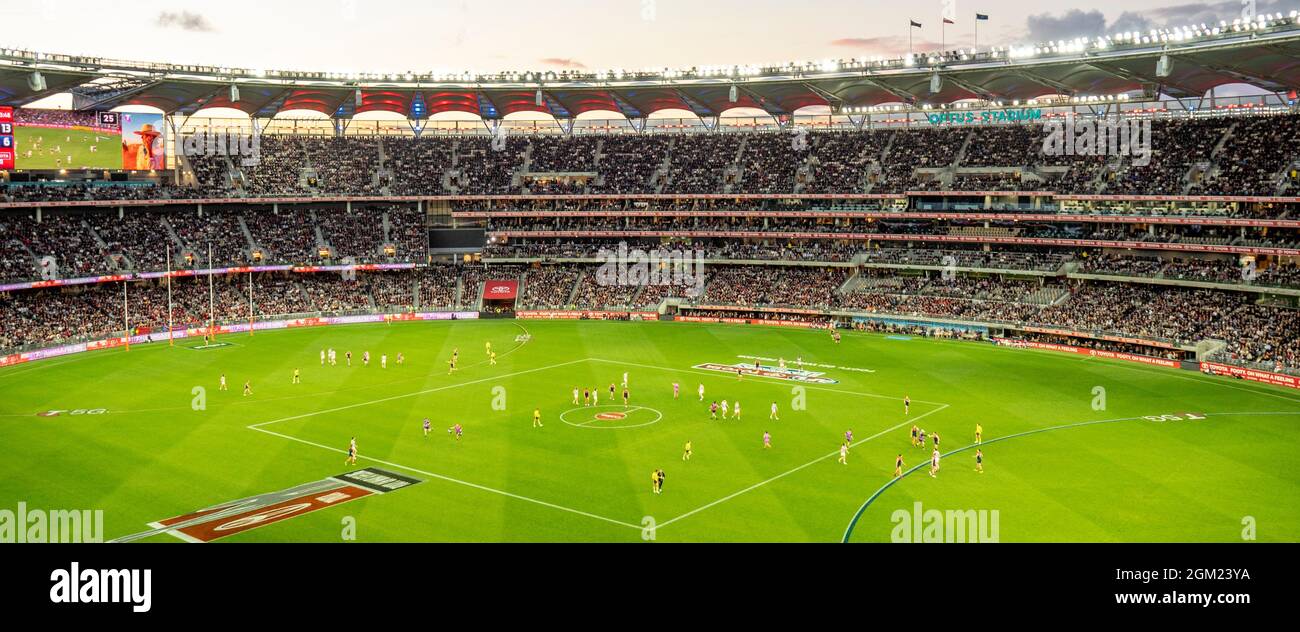 2021 AFL Preliminary Final Aussie rules football game between Melbourne and Geelong football clubs at Optus Stadium Perth Western Australia. Stock Photo