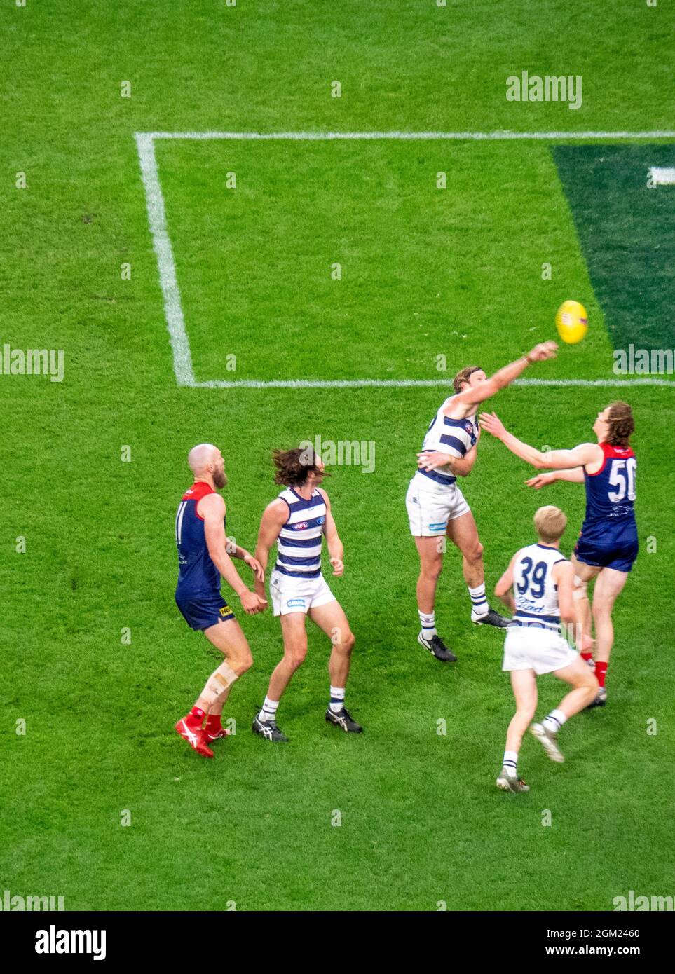 2021 AFL Preliminary Final Aussie rules football game between Melbourne and Geelong football clubs at Optus Stadium Perth Western Australia. Stock Photo