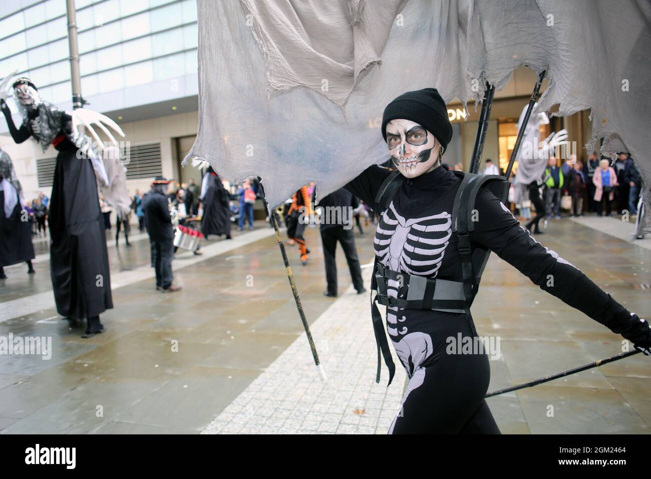 A street performer in Manchester at Halloween time. Stock Photo