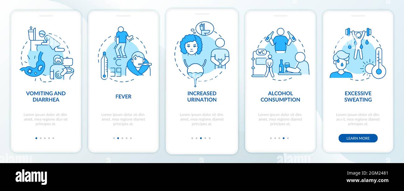 Dehydration causes blue onboarding mobile app page screen Stock Vector