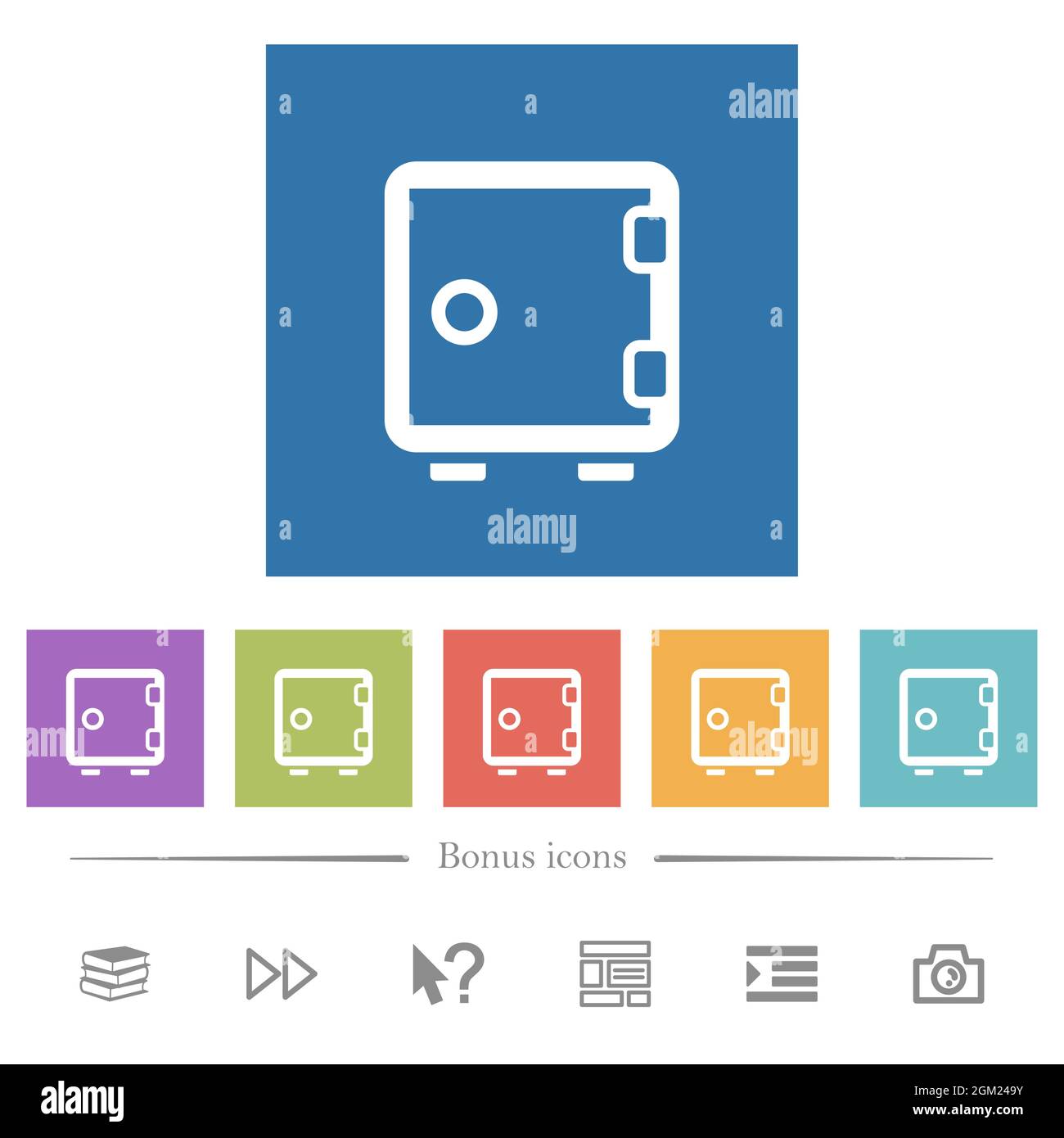 Single strong box outline flat white icons in square backgrounds. 6 bonus icons included. Stock Vector