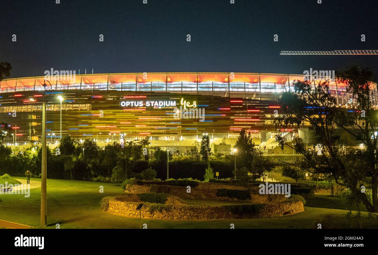 Optus Stadium lit up at night, Perth Western Australia Stock Photo