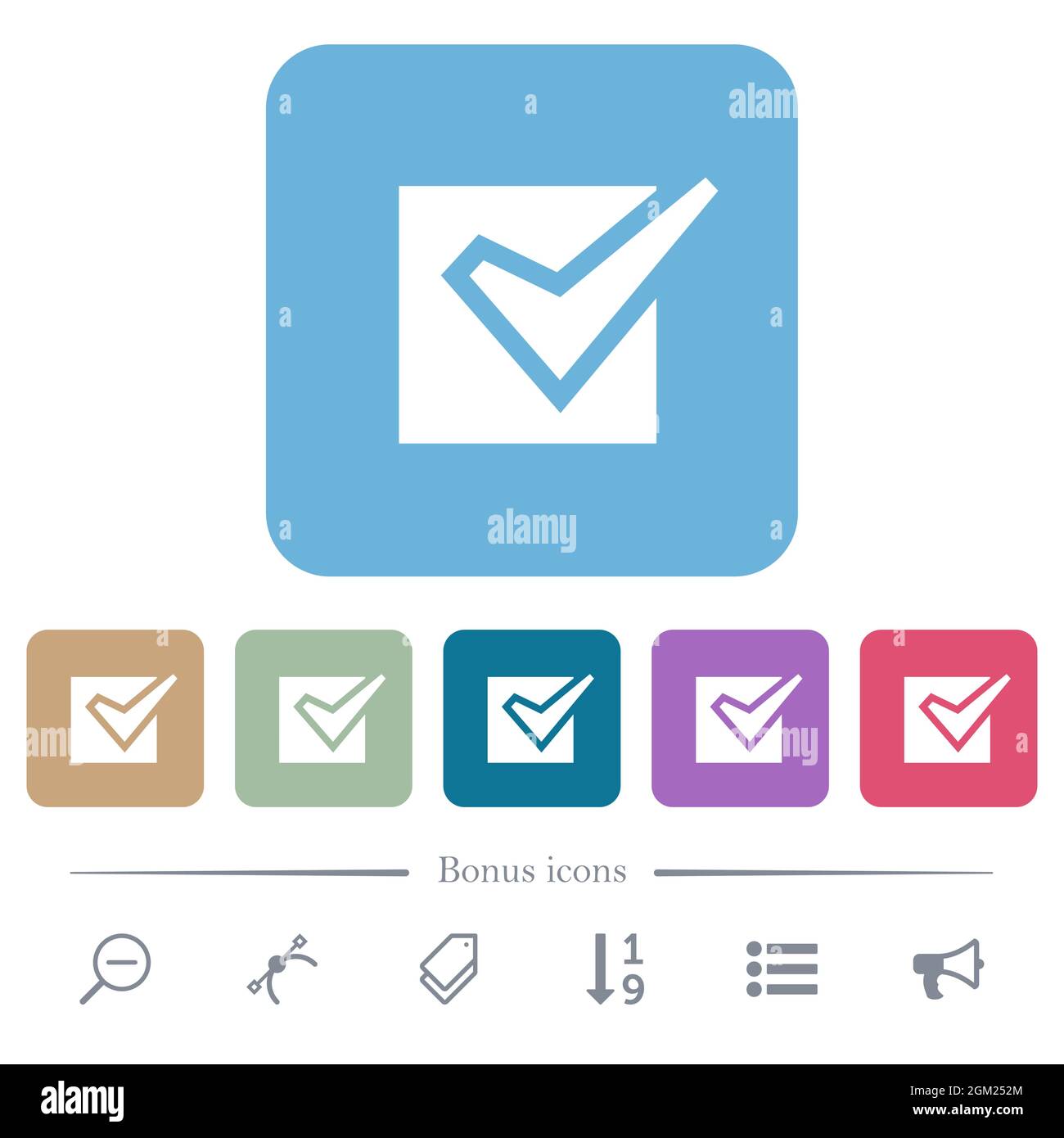 Checked box solid white flat icons on color rounded square backgrounds ...