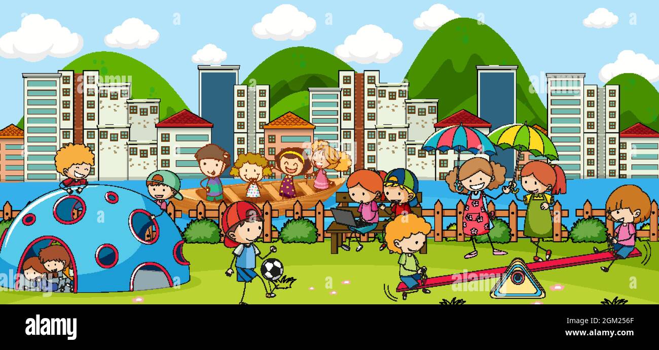 Outdoor scene with many kids playing in the park illustration Stock ...