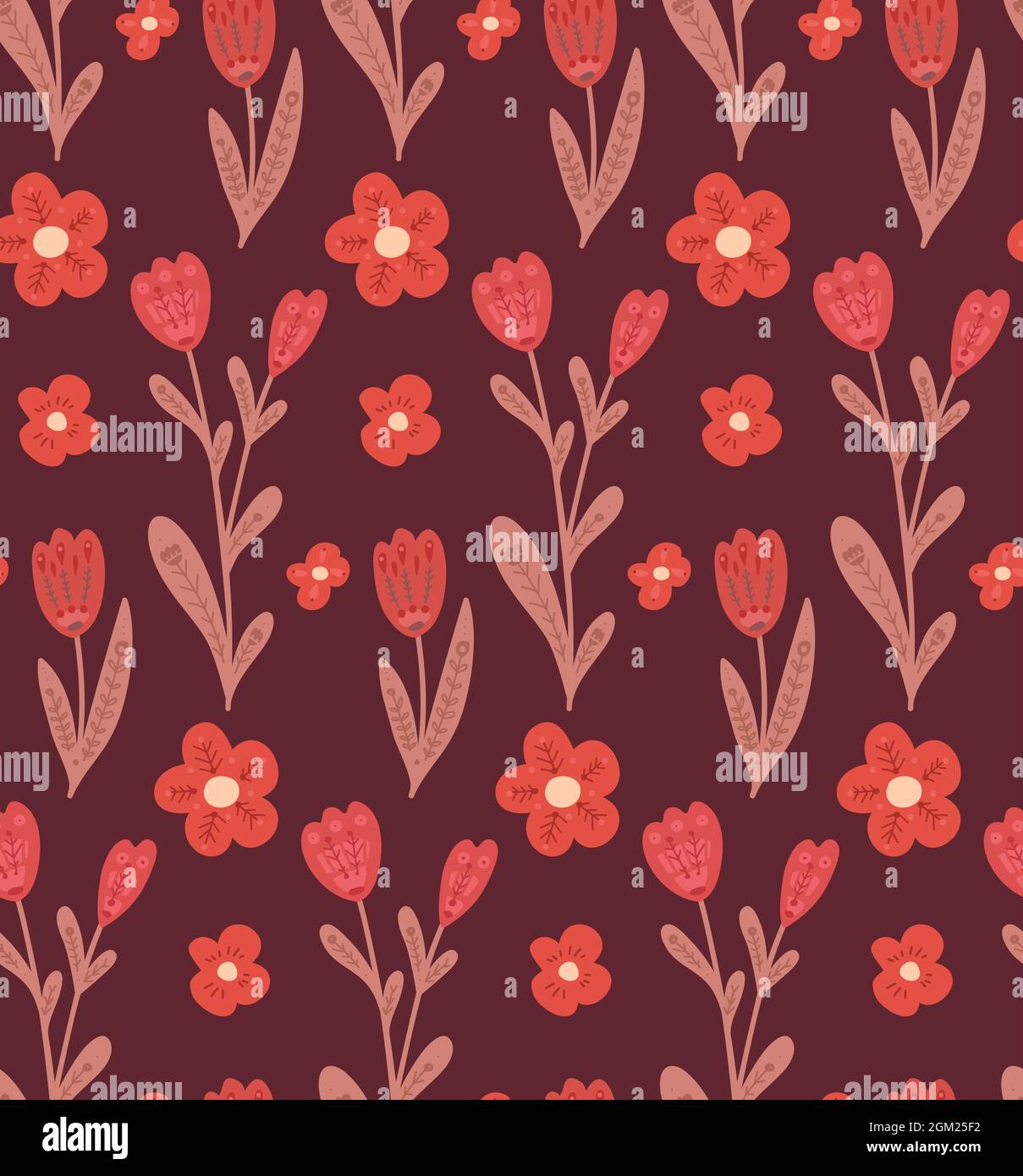 Seamless pattern with simple flowers with folk decorations on burgundy  background. Naive texture with tulips and red flowers with tribal pattern.  Vect Stock Vector Image \u0026 Art - Alamy, image size:1209x1390
