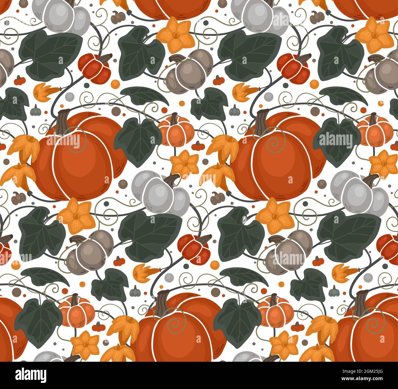 Seamless autumn pattern with pumpkins, foliage and vine curls on white ...