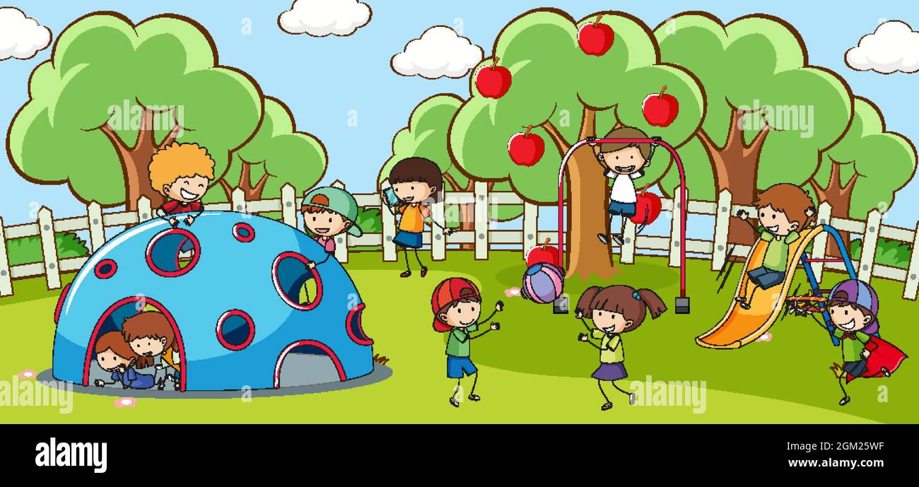 Outdoor scene with many kids playing in the park illustration Stock ...