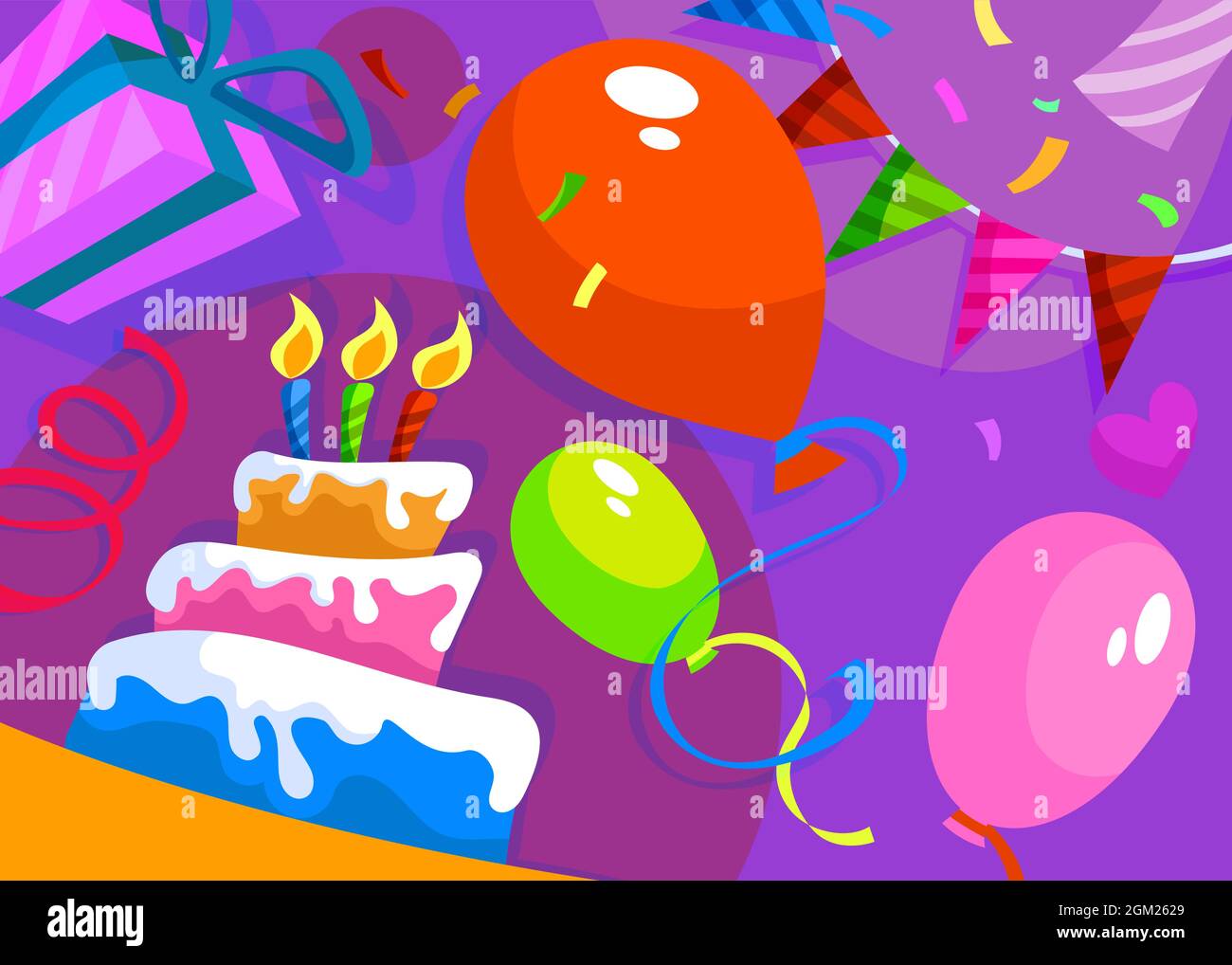 Happy Birthday banner with cake and decorations. Holiday postcard ...