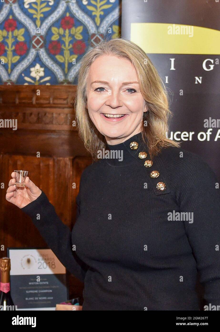 Chief Secretary to the Treasury Liz Truss at the Taste West Sussex event held in the Jubilee Room at the Houses of Parliament London . Food and drink producers from West Sussex gathered at the Houses of Parliament to show off their local produce to MPs and staff - Nov 2018 Stock Photo