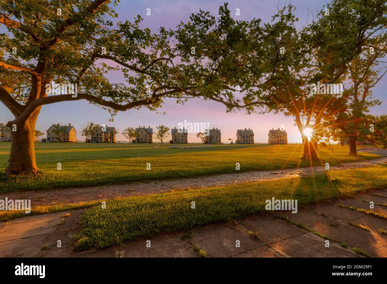 Officers Row Sunburst NJ The setting sun alongside the officer's