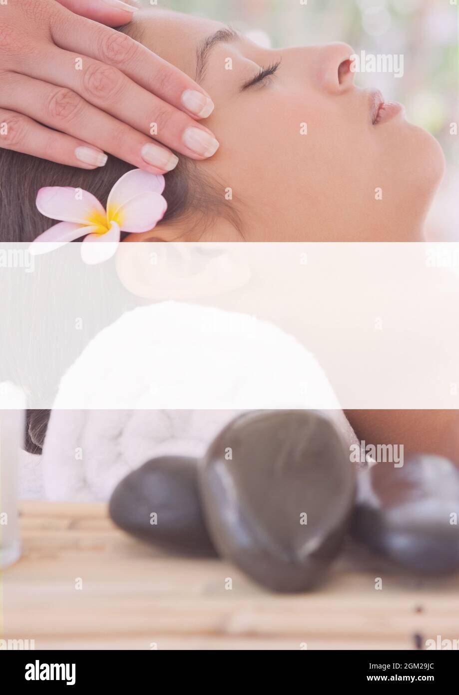 White banner with copy space against close up of a woman receiving a head massage Stock Photo