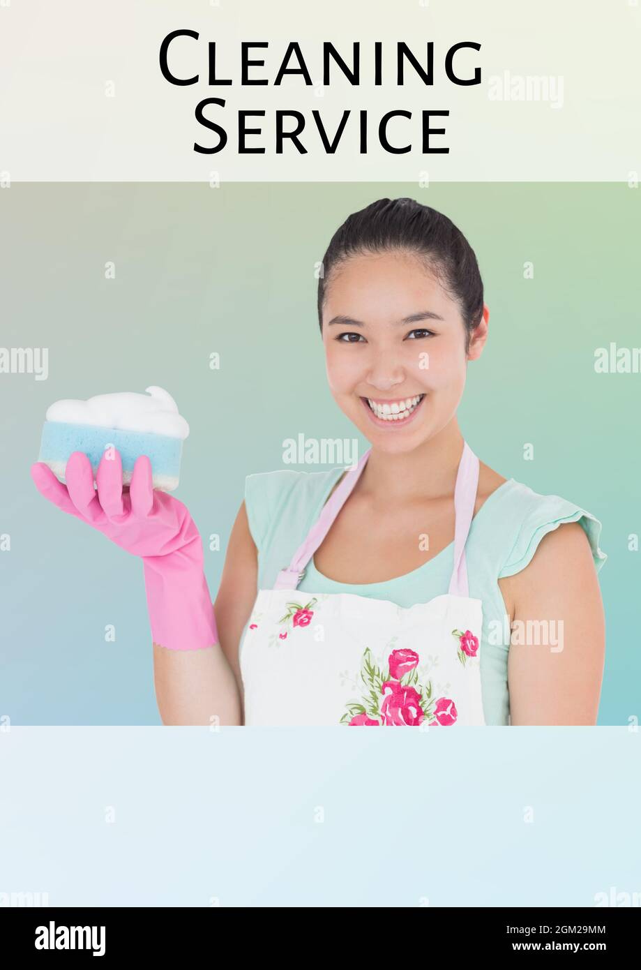 Cleaning service text over asian woman holding a cleaning sponge