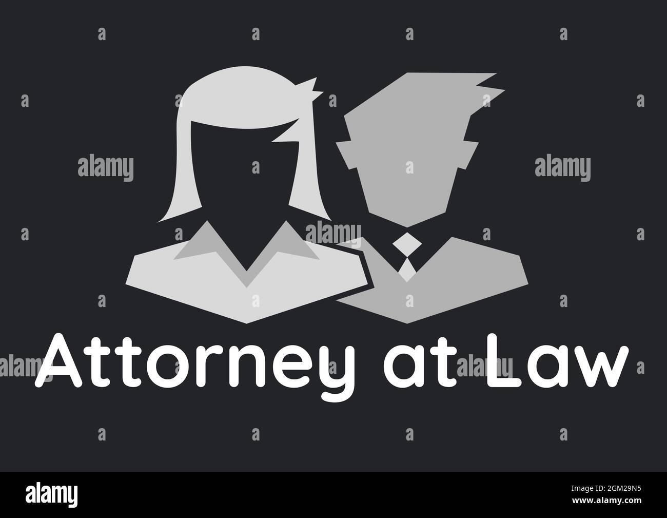 Attorney at law text with male and female lawyer icons against black background Stock Photo