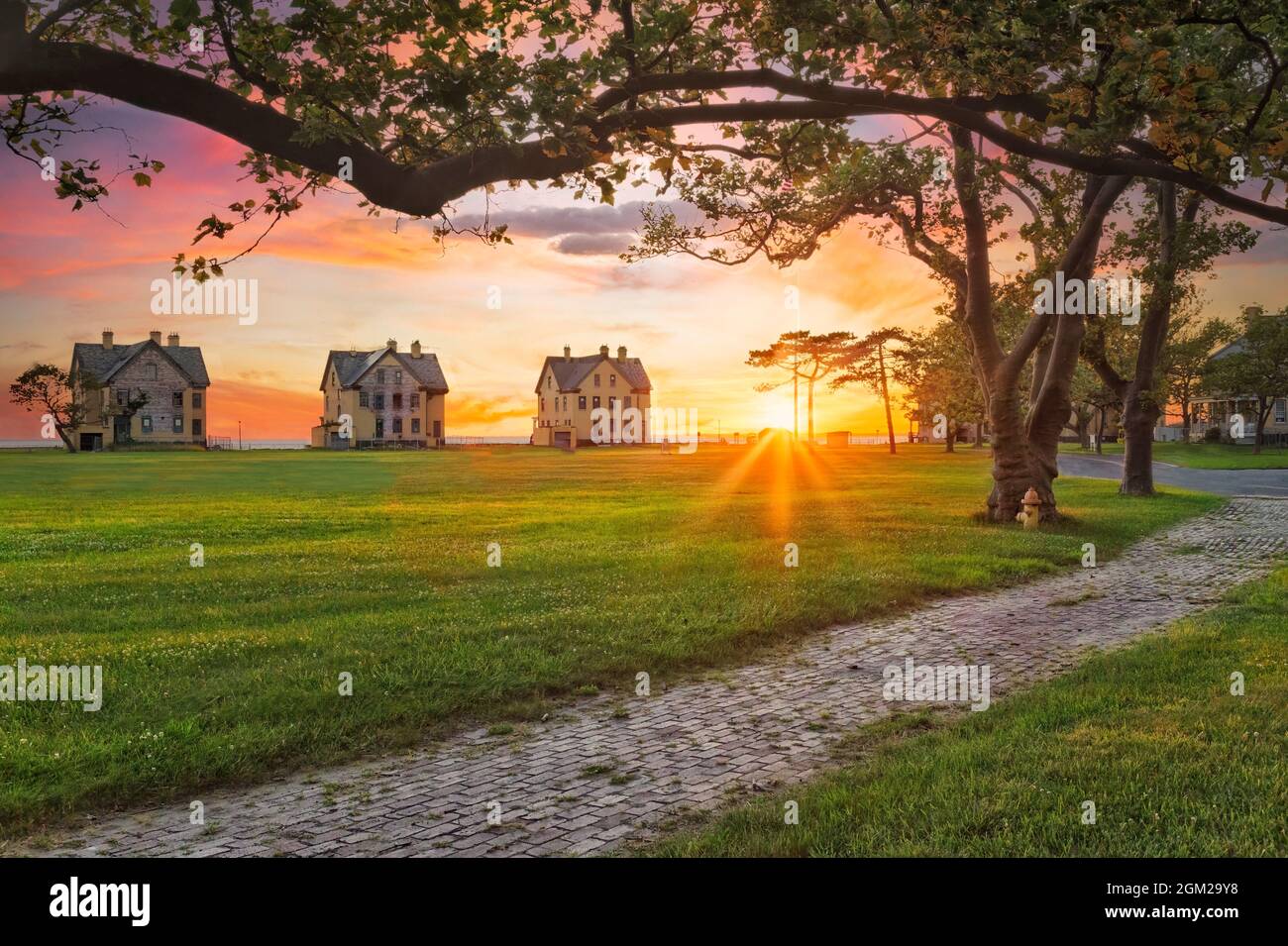 Officers Row Sandy Hook NJ The setting sun alongside the officer's