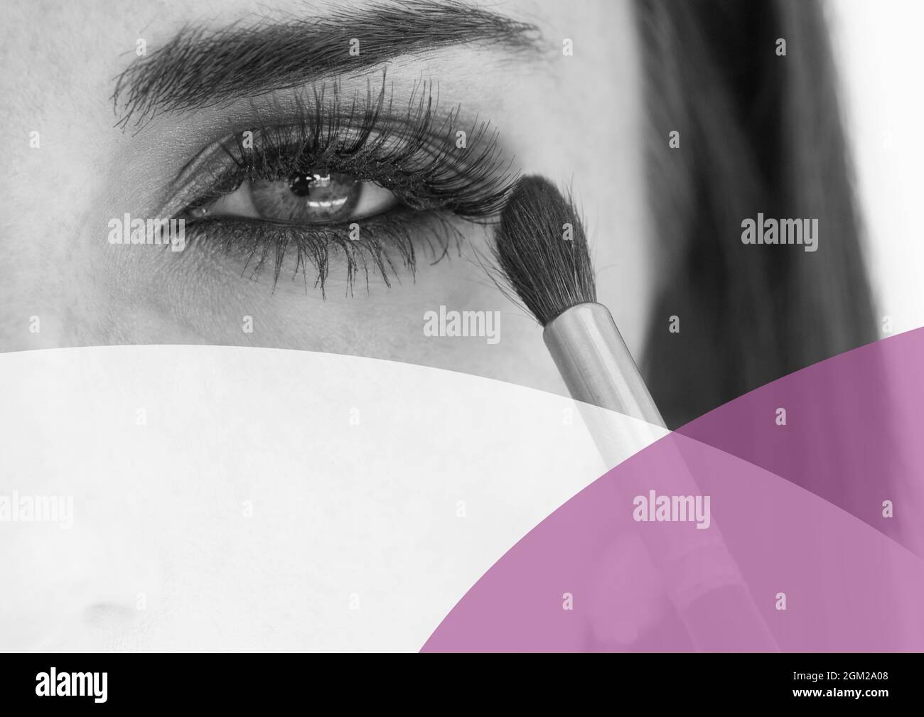 Purple and white banner with copy space against close up of woman doing eye makeup Stock Photo