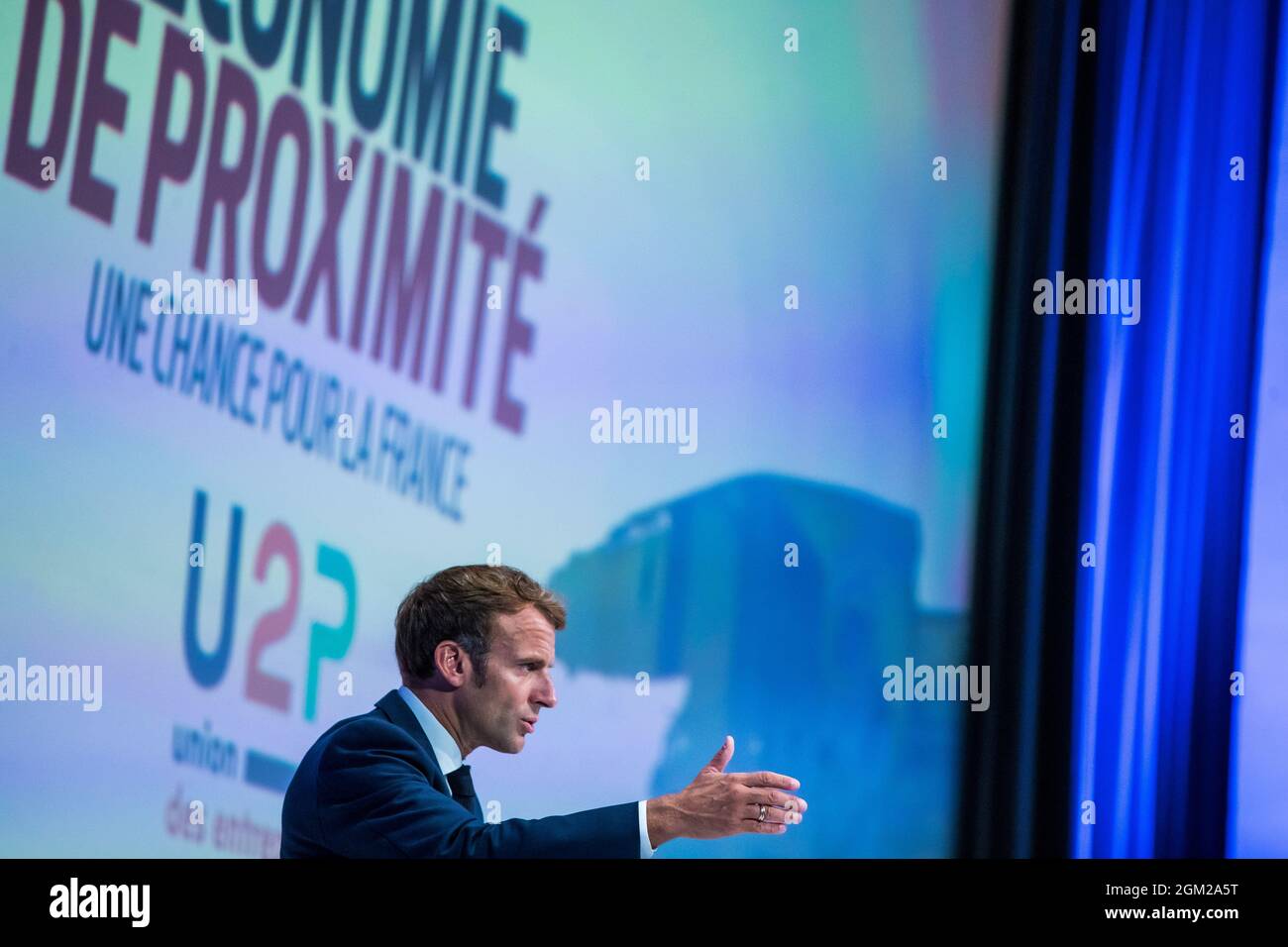 French President Emmanuel Macron delivers a speech during a meeting of the "Rencontres de l'Union des Entreprises de proximite (U2P)", a French local businesses union, in Paris, France, September 16, 2021. Christophe Petit Tesson/Pool via REUTERS Stock Photo