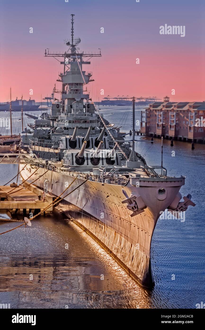 USS Wisconsin BB-64 Norfolk, VA - Upper view of the USS Wisconsin which is an Iowa-class battleship at Norfolk, Virginia.  This image is also availabl Stock Photo
