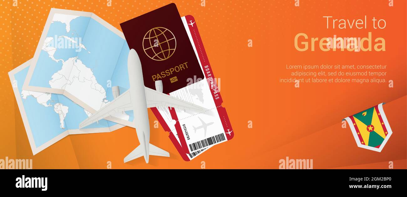 Travel to Grenada pop-under banner. Trip banner with passport, tickets, airplane, boarding pass, map and flag of Grenada. Vector template. Stock Vector