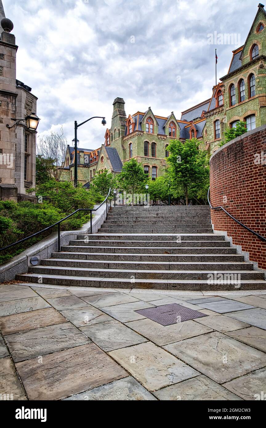 U-Penn Quadrangle Stairway - View to stairway leading to the UPenn Perelman Quadrangle  at the historic University of Pennsylvania in West Philadelphi Stock Photo