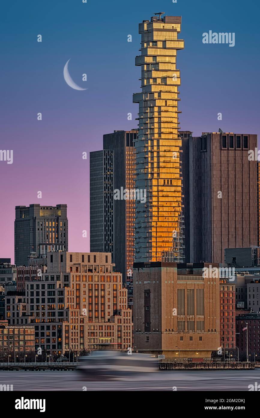 Jenga Tower NYC - Sunset view across the Hudson River to 56 Leonard Street. Dubbed the Jenga Tower which is is a 57-story skyscraper.   It is in the n Stock Photo