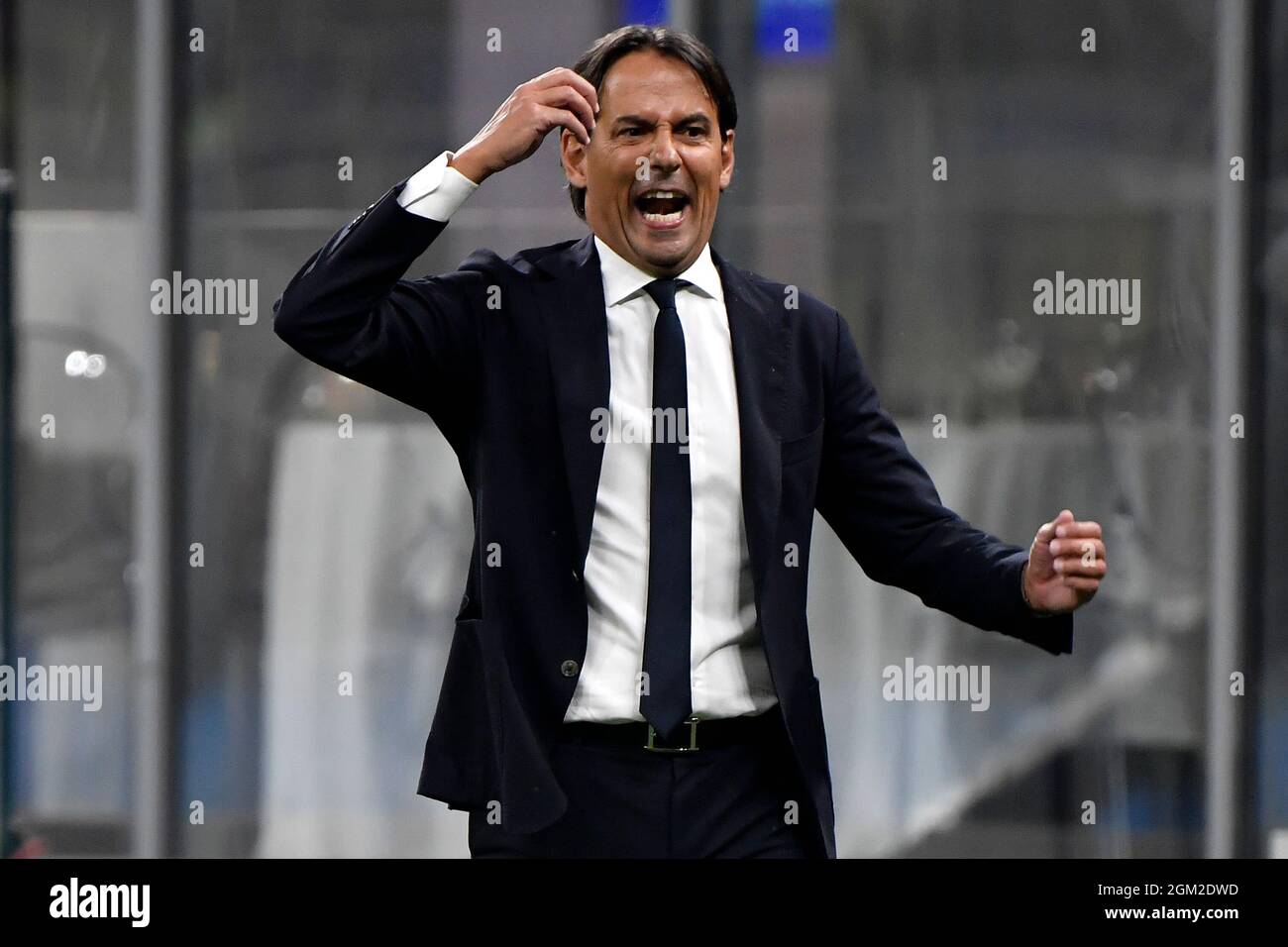 Milano, Italy. 15th Sep, 2021. Simone Inzaghi coach of FC Internazionale reacts during the Uefa Champions League group D football match between FC Internazionale and Real Madrid at San Siro stadium in Milano (Italy), September 15th, 2021. Photo Andrea Staccioli/Insidefoto Credit: insidefoto srl/Alamy Live News Stock Photo
