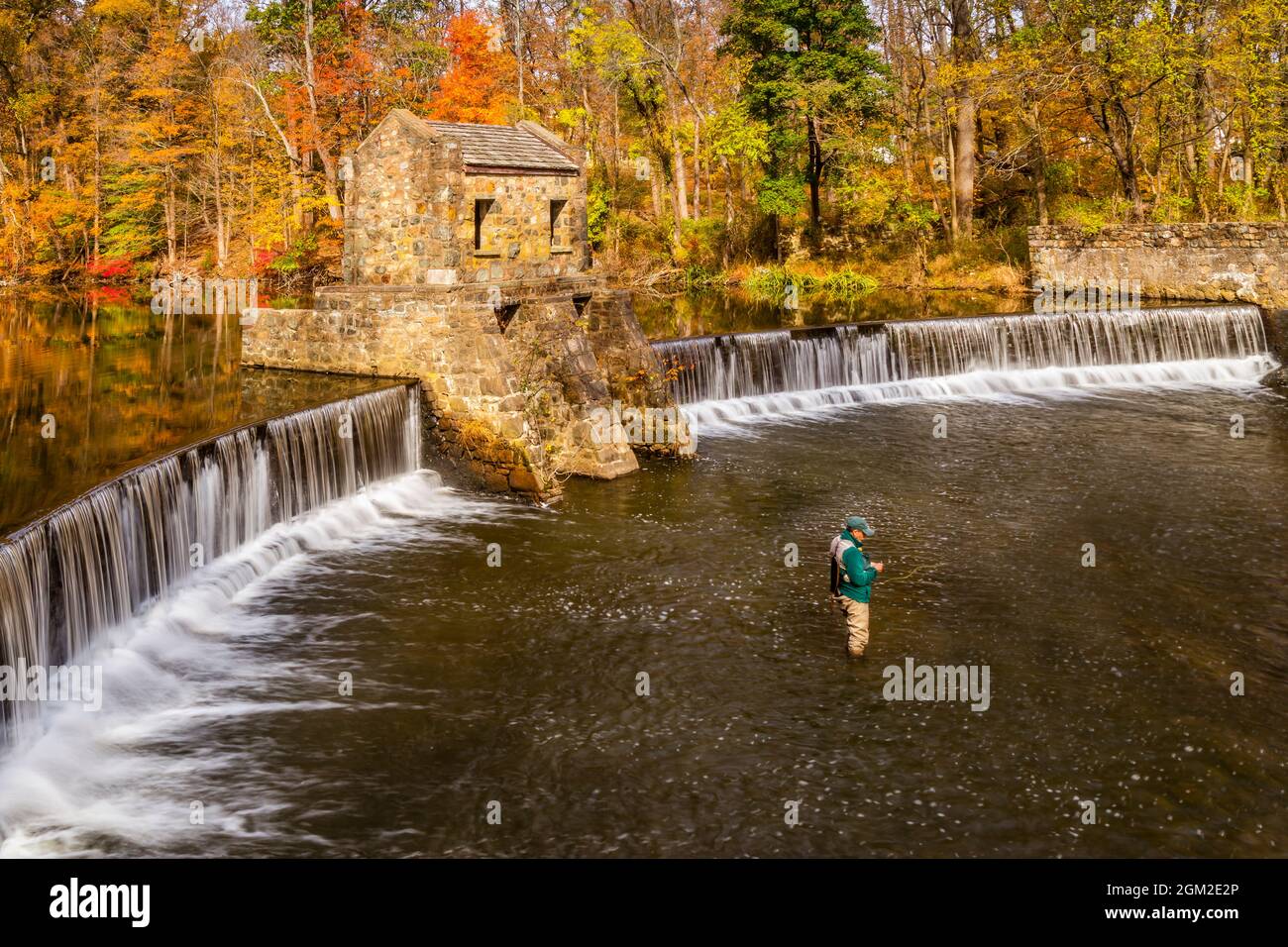 Speedwell Fly Fishing - Man fishing at the Speedwell Dam And Waterfall on the Whippany River surrounded by the warm colors of the fall foliage.   This Stock Photo