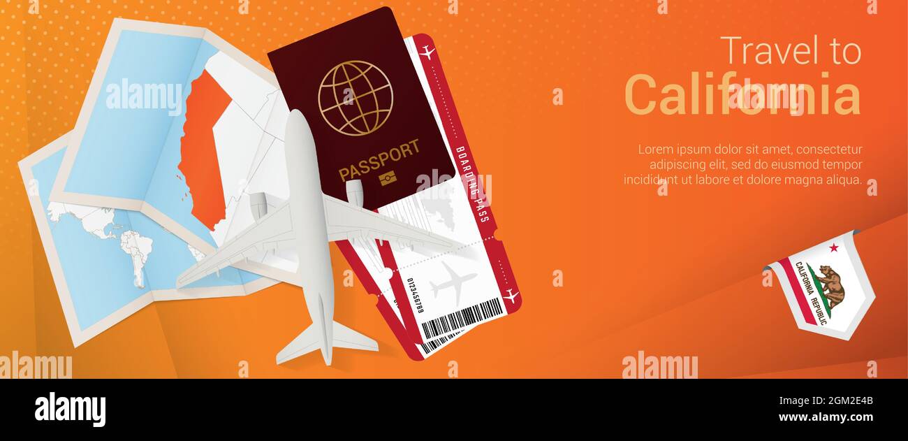 Travel to California popunder banner. Trip banner with passport