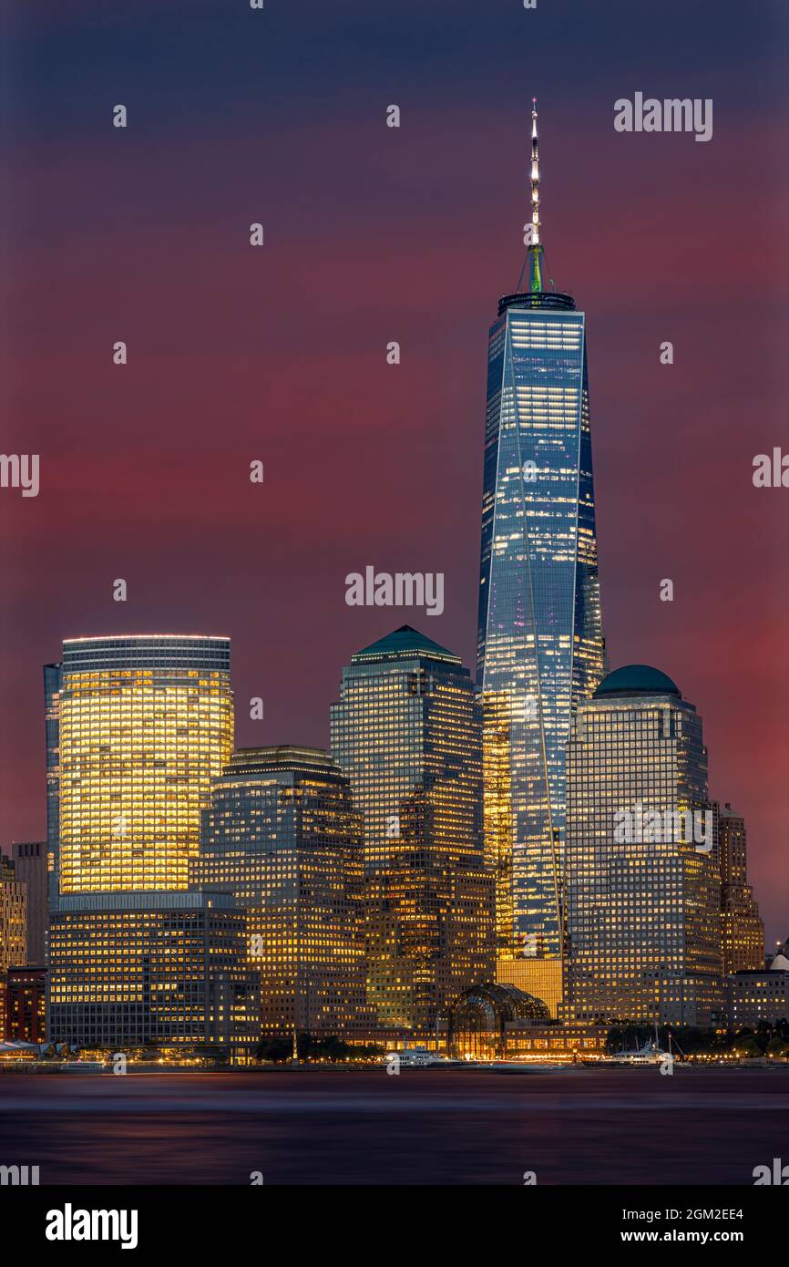 WTC Lower NYC Sunset - View to the lower Manhattan skyline with One World Trade Center commonly reffered to as the Freedom Tower during the September Stock Photo