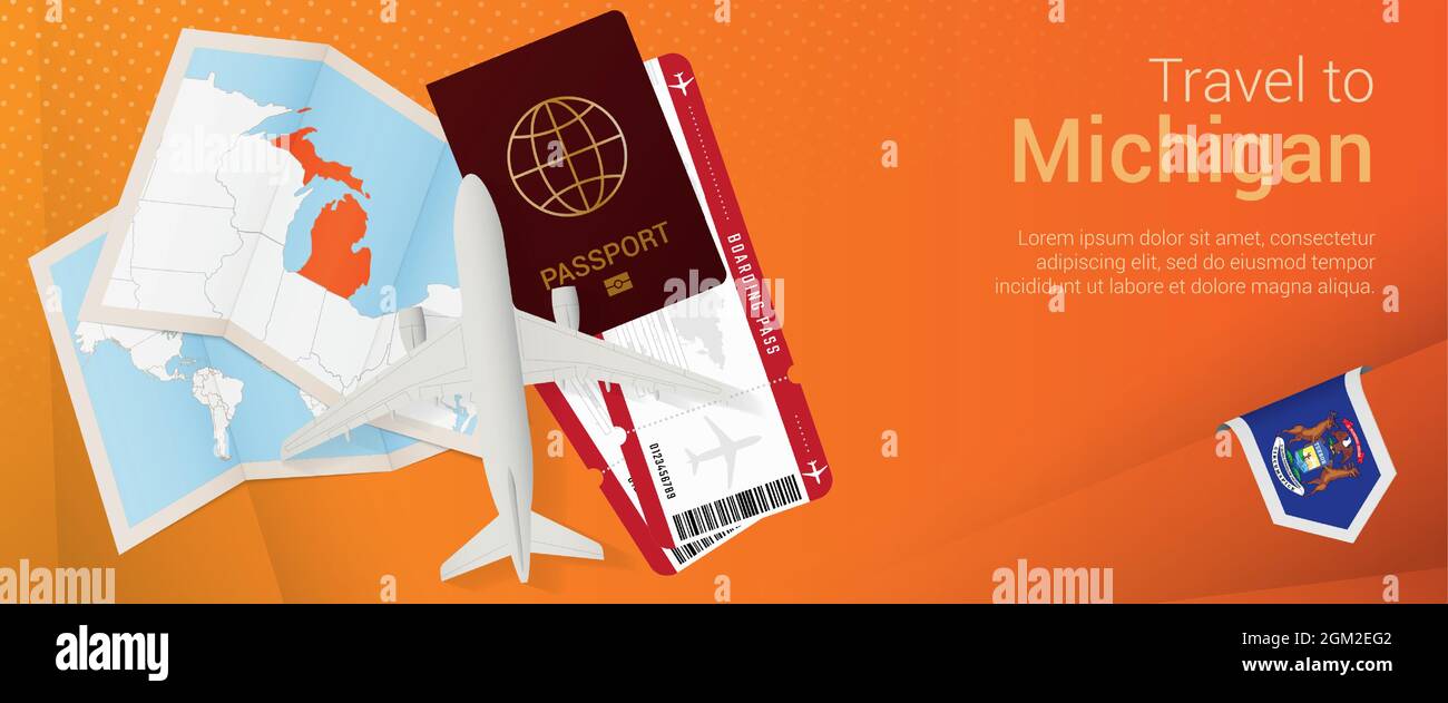 Travel to Michigan popunder banner. Trip banner with passport, tickets