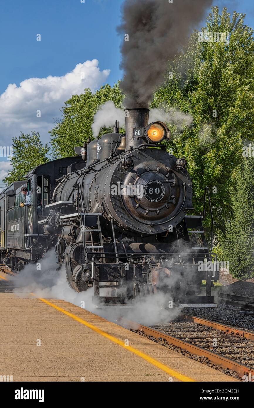 Black River 60 Locomotive - The American Locomotive Company vintage steam railroad train.  BR&W #60 is a coal-fired consolidation type steam locomotiv Stock Photo
