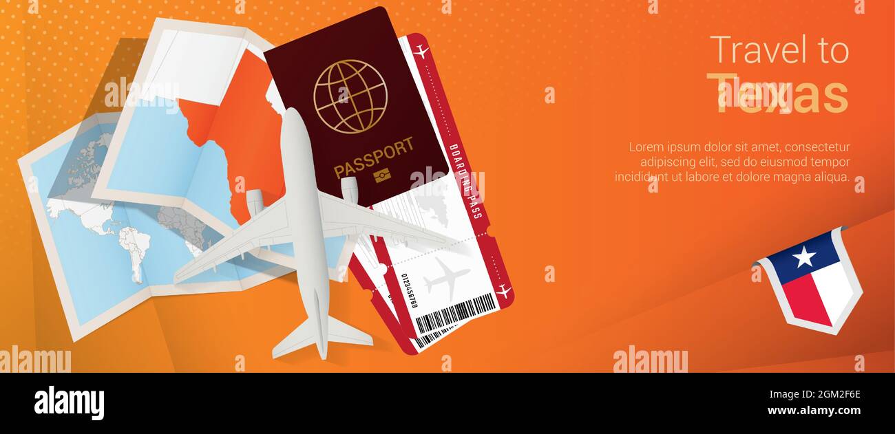 Travel to Texas popunder banner. Trip banner with passport, tickets, airplane, boarding pass