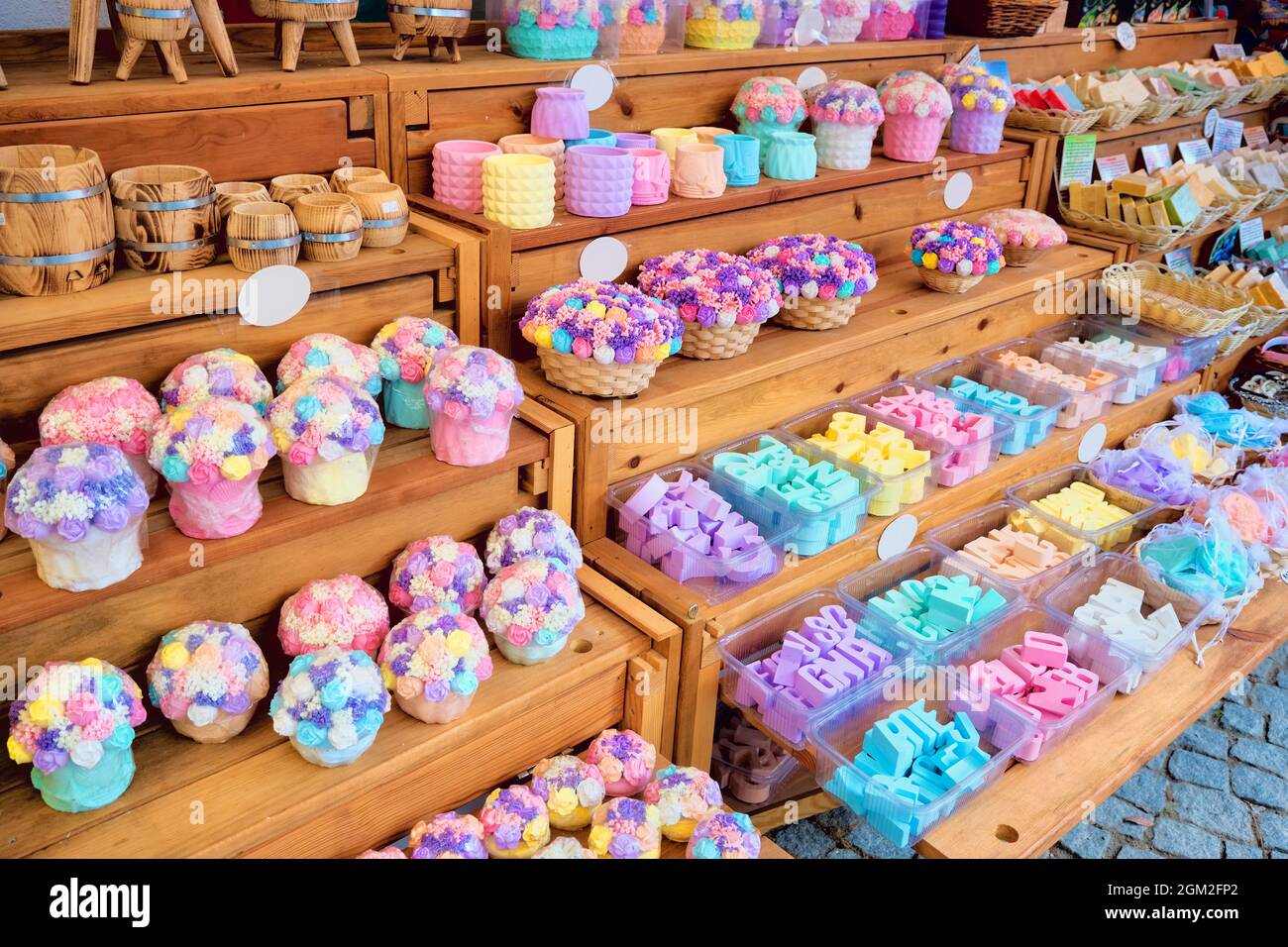 June, 2021 Seferihisar, Izmir, Turkey Souvenir shop with pastel colored ceramic flower pots