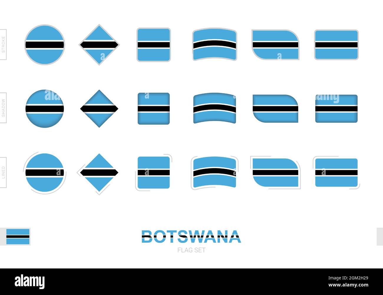 Botswana flag set, simple flags of Botswana with three different effects. Vector illustration. Stock Vector