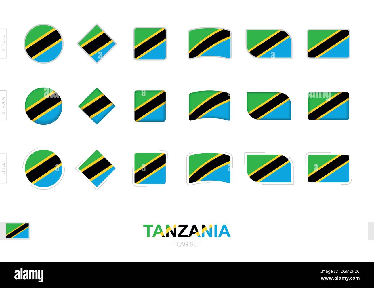 Tanzania flag set, simple flags of Tanzania with three different effects. Vector illustration. Stock Vector