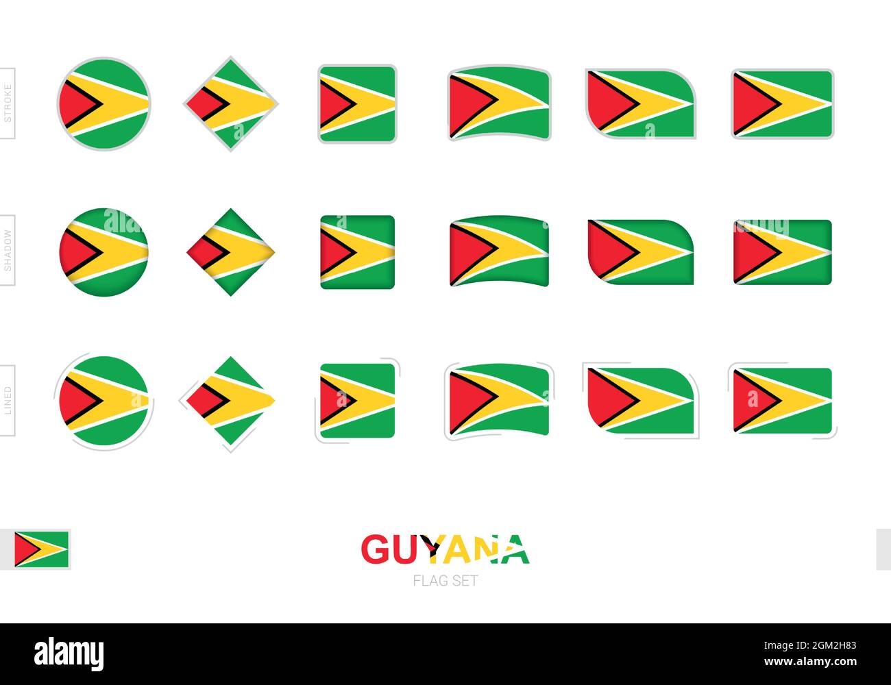 Guyana flag set, simple flags of Guyana with three different effects. Vector illustration. Stock Vector