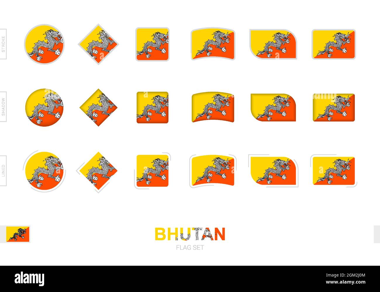 Bhutan Flag Set Simple Flags Of Bhutan With Three Different Effects Vector Illustration Stock 