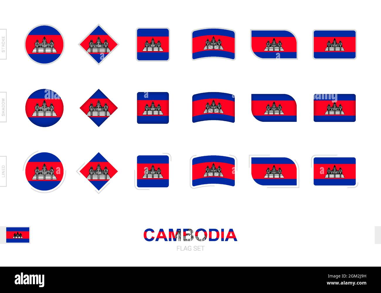 Cambodia flag set, simple flags of Cambodia with three different effects. Vector illustration. Stock Vector