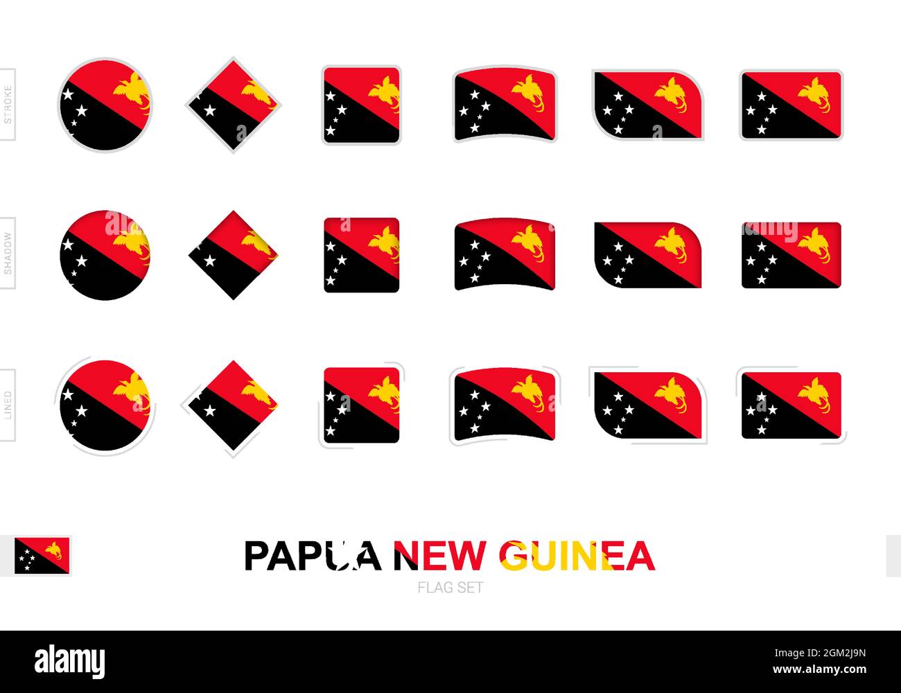 Papua New Guinea flag set, simple flags of Papua New Guinea with three different effects. Vector ...